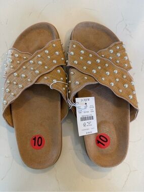 NWT J. Crew Factory Scalloped Slide Sandal Textile Flocking Pearls / 10